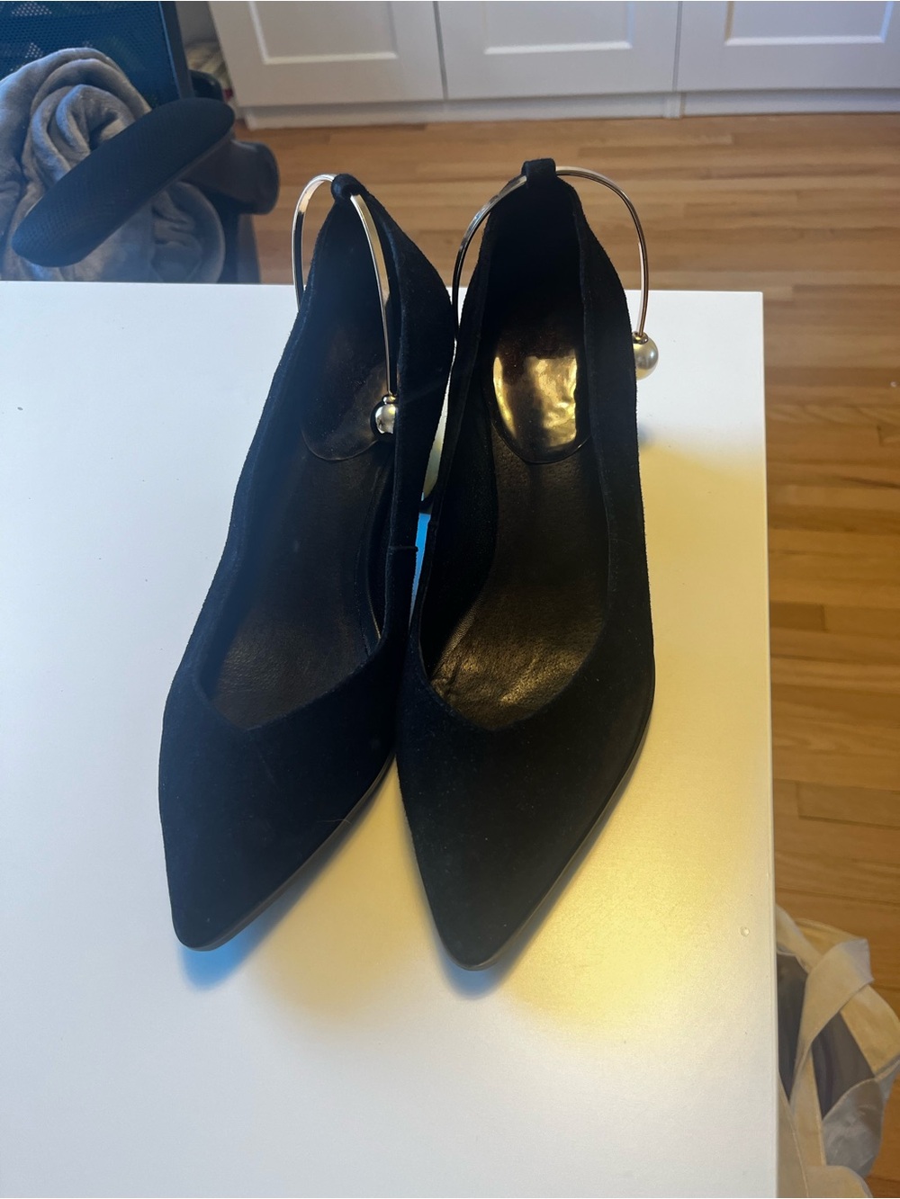 Black Suede Pointed Toe Women's Pumps with Decorative Ankle Hoop